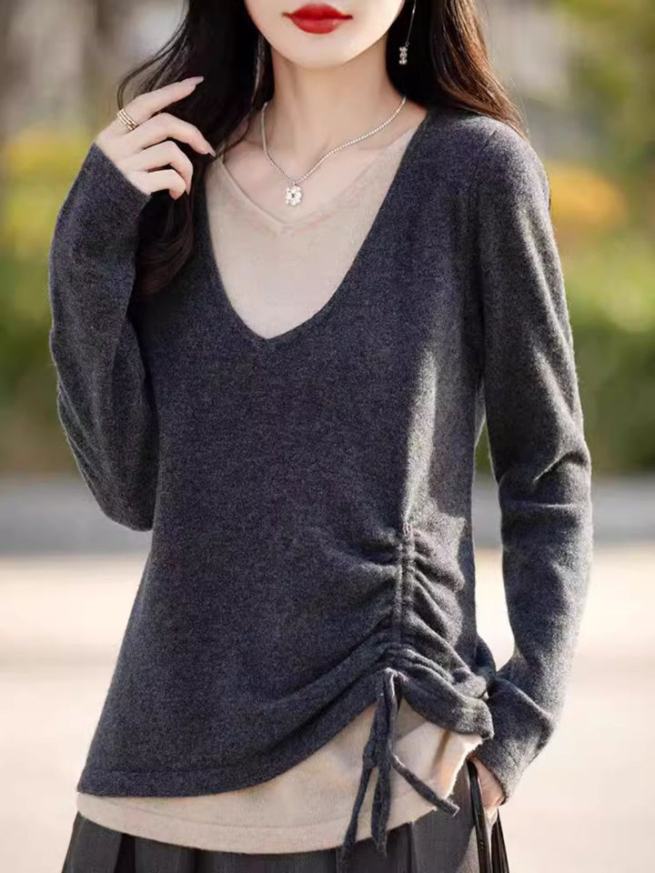 Temperament V-neck Drawstring Sweater - Red