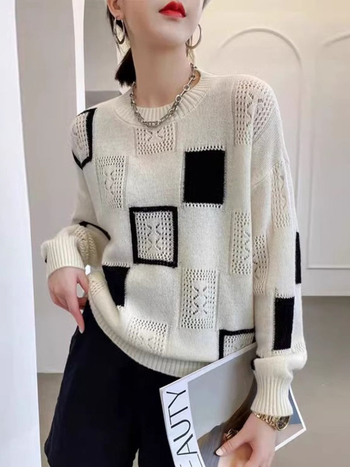 Colorblock Check Crew Neck Sweater