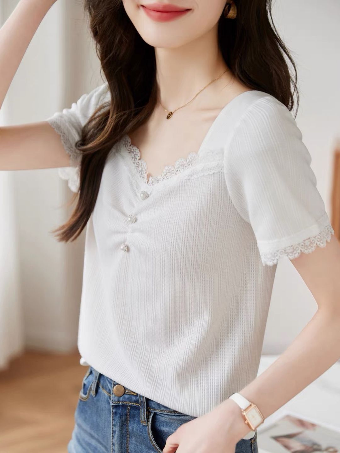 White Knit Short Sleeve Lace Top