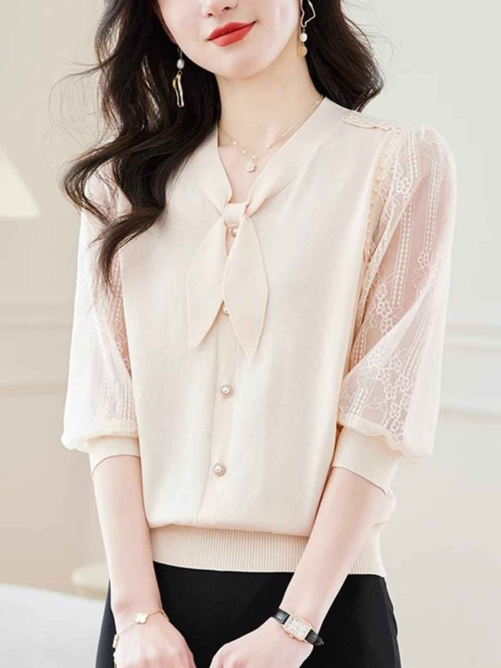 V-Neck Puff Sleeve Bow Lace Knitted Top