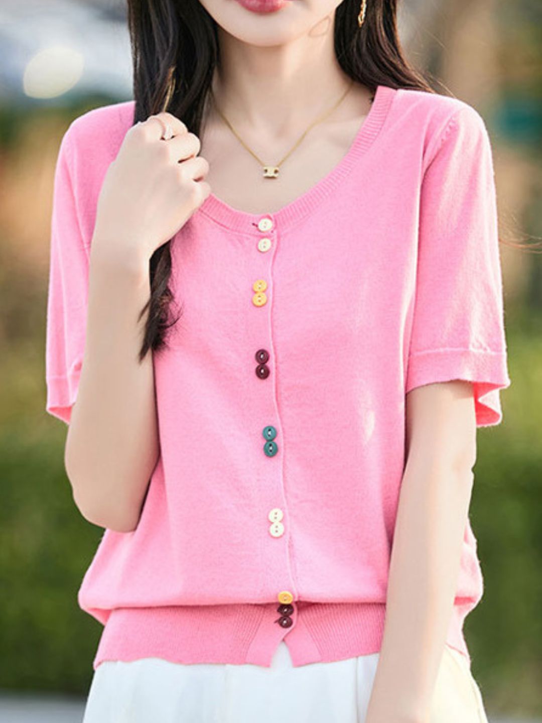 Colorful Button-Down Knitted Short-Sleeved Top