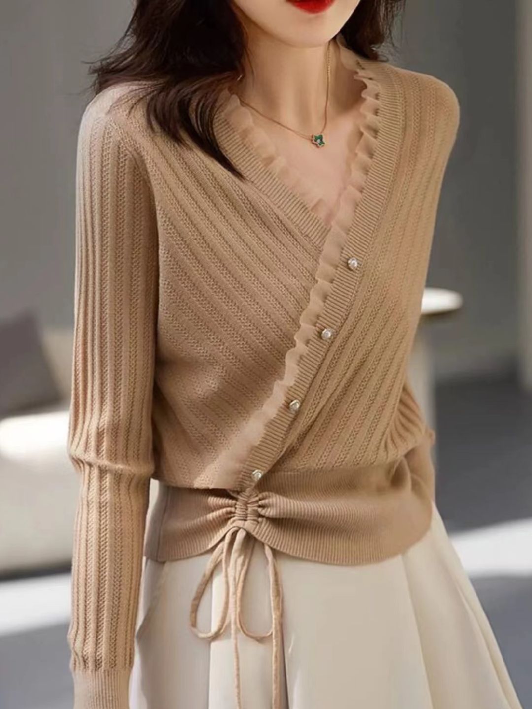 Classic Drawstring Auricular Knitted Top - Blue