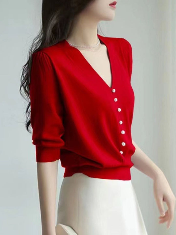 V-neck Sweater Top - Red
