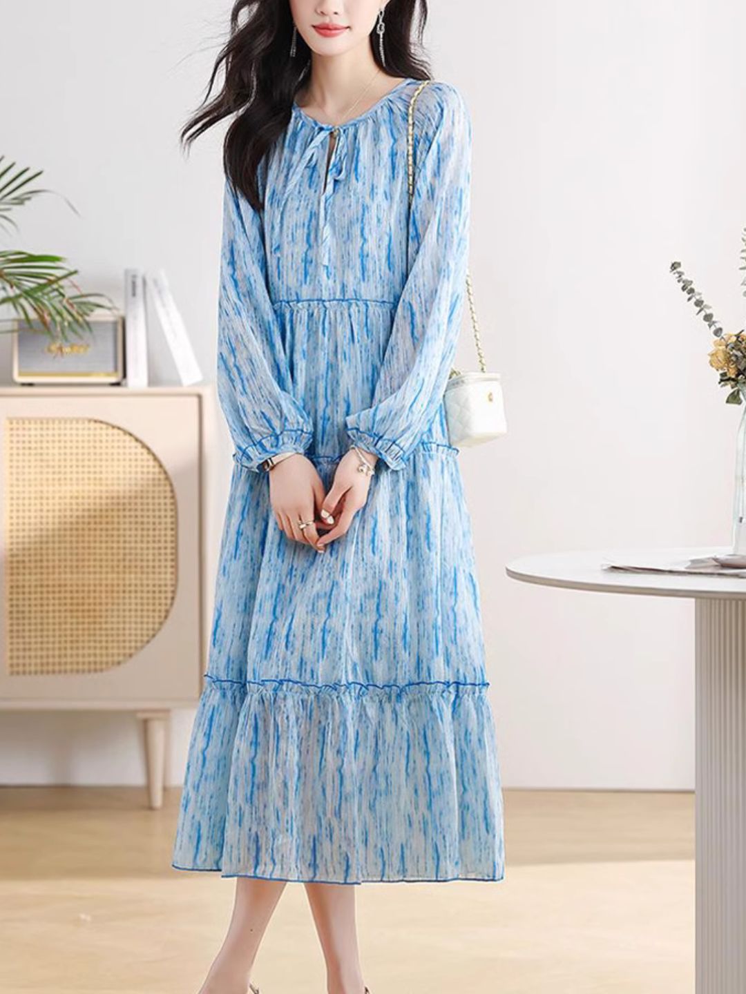 Retro Floral Dress- Blue Long