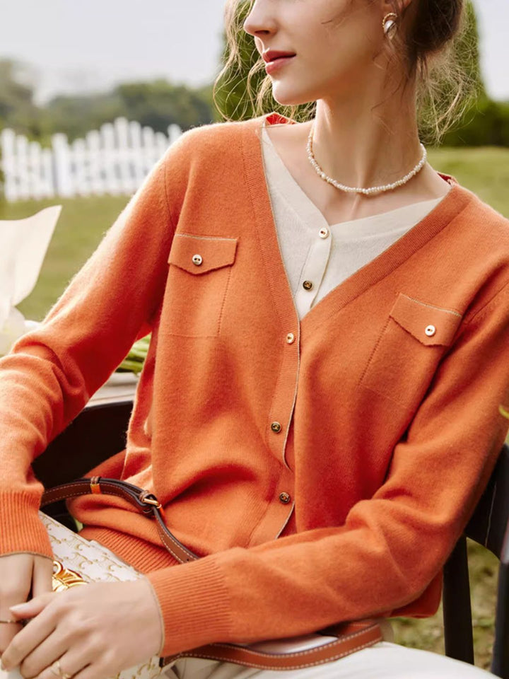 French Orange Lazy Style V-Neck Sweater