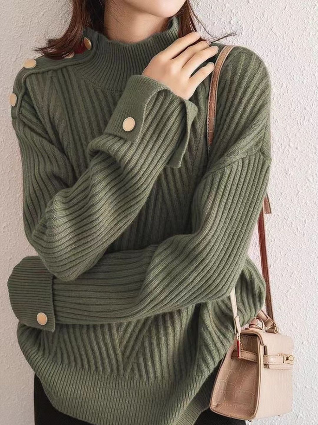 Half Turtleneck Solid Color Button Knitted Top