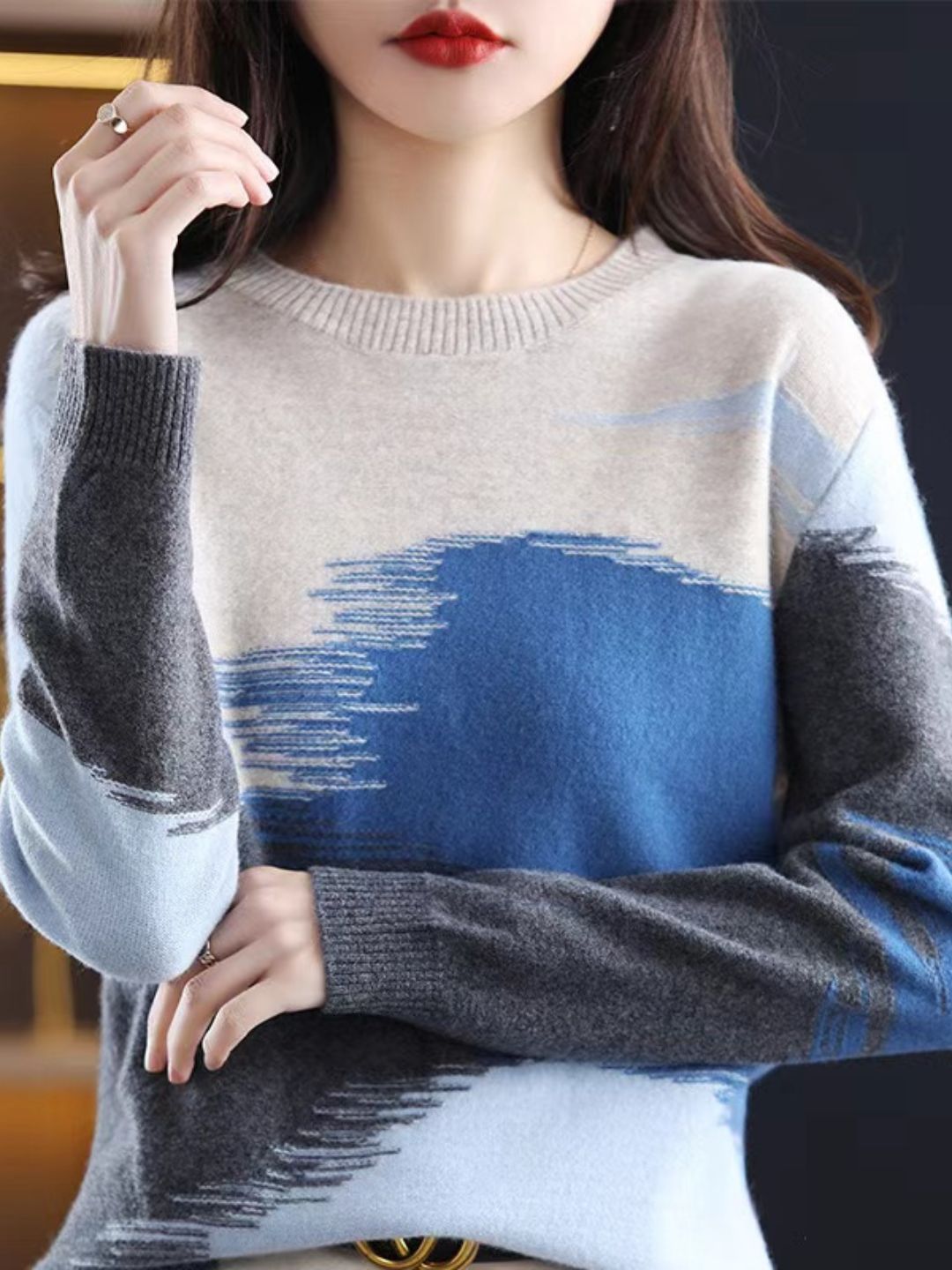 Loose Crew Neck Contrast Knitted Sweater