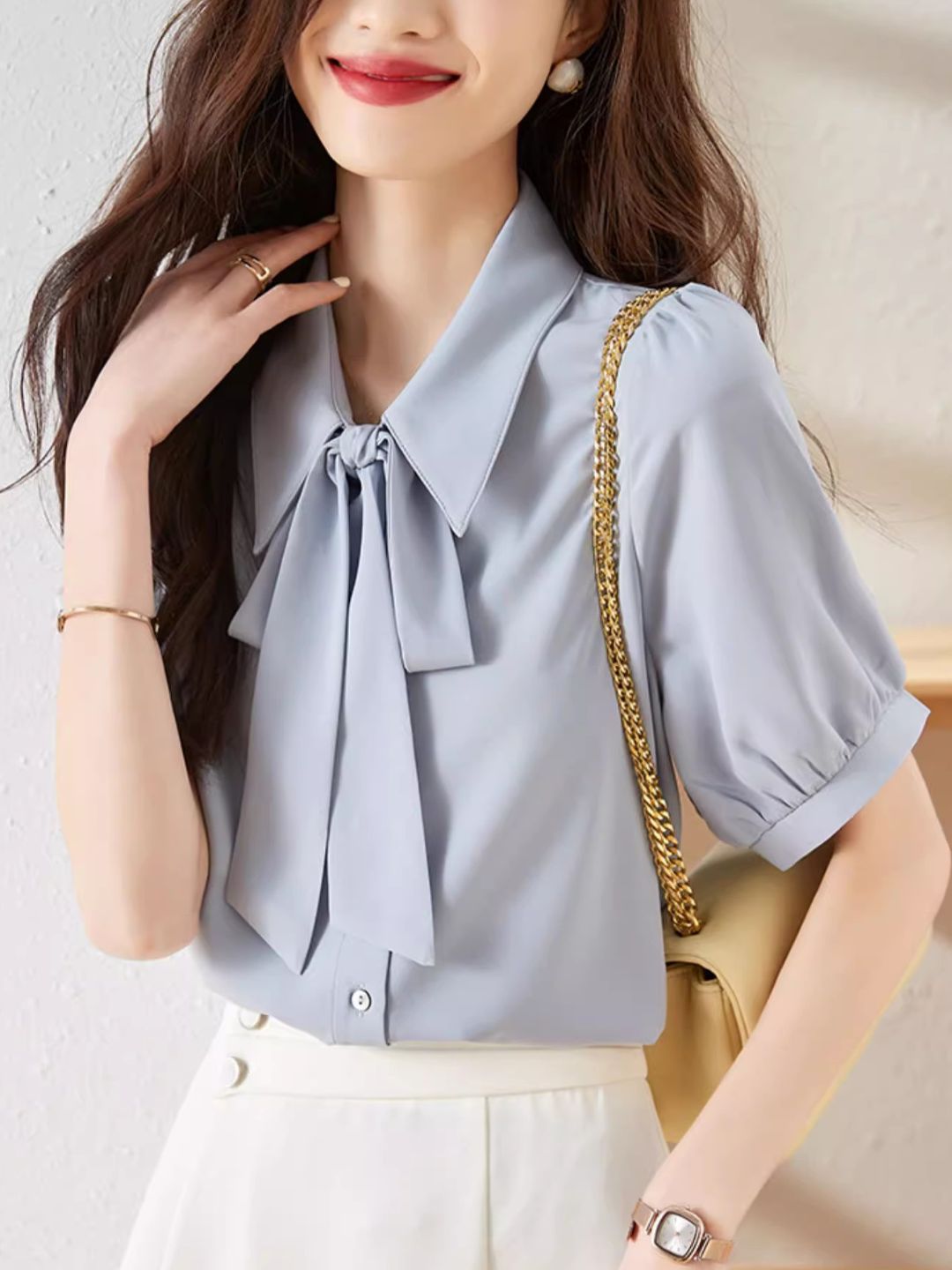 Classic Bow Chiffon Shirt - White