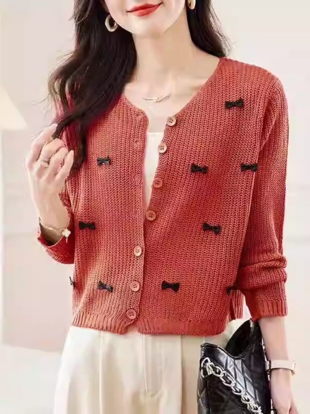 Classic Crew Neck Bow Knitted Top - Purple