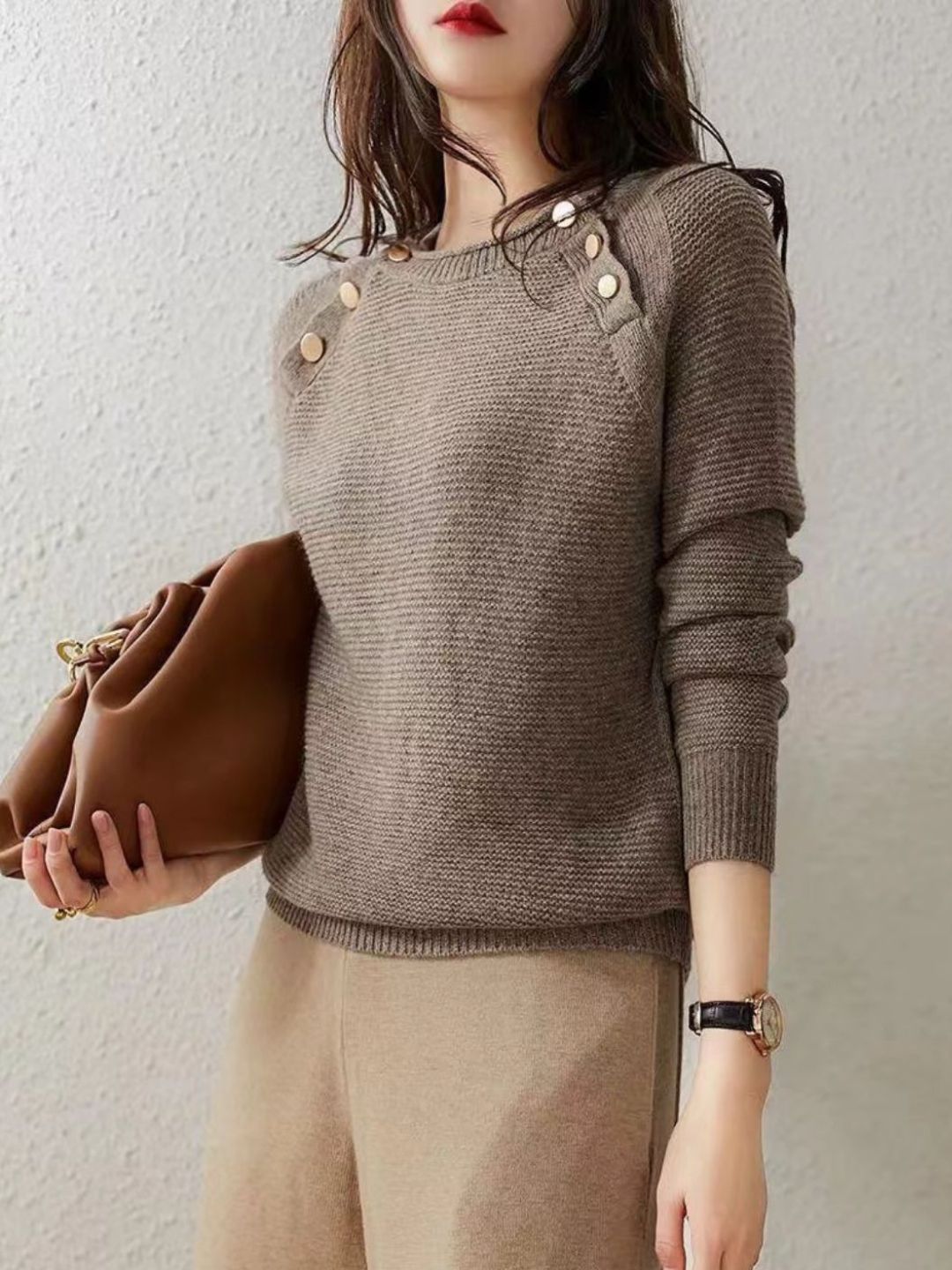 Retro Fashion Metal Button Sweater - Grey