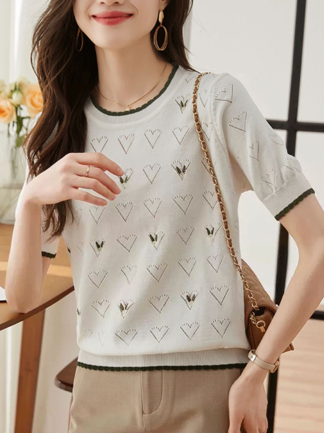 Hollow Embroidered Ice Silk Short Sleeves