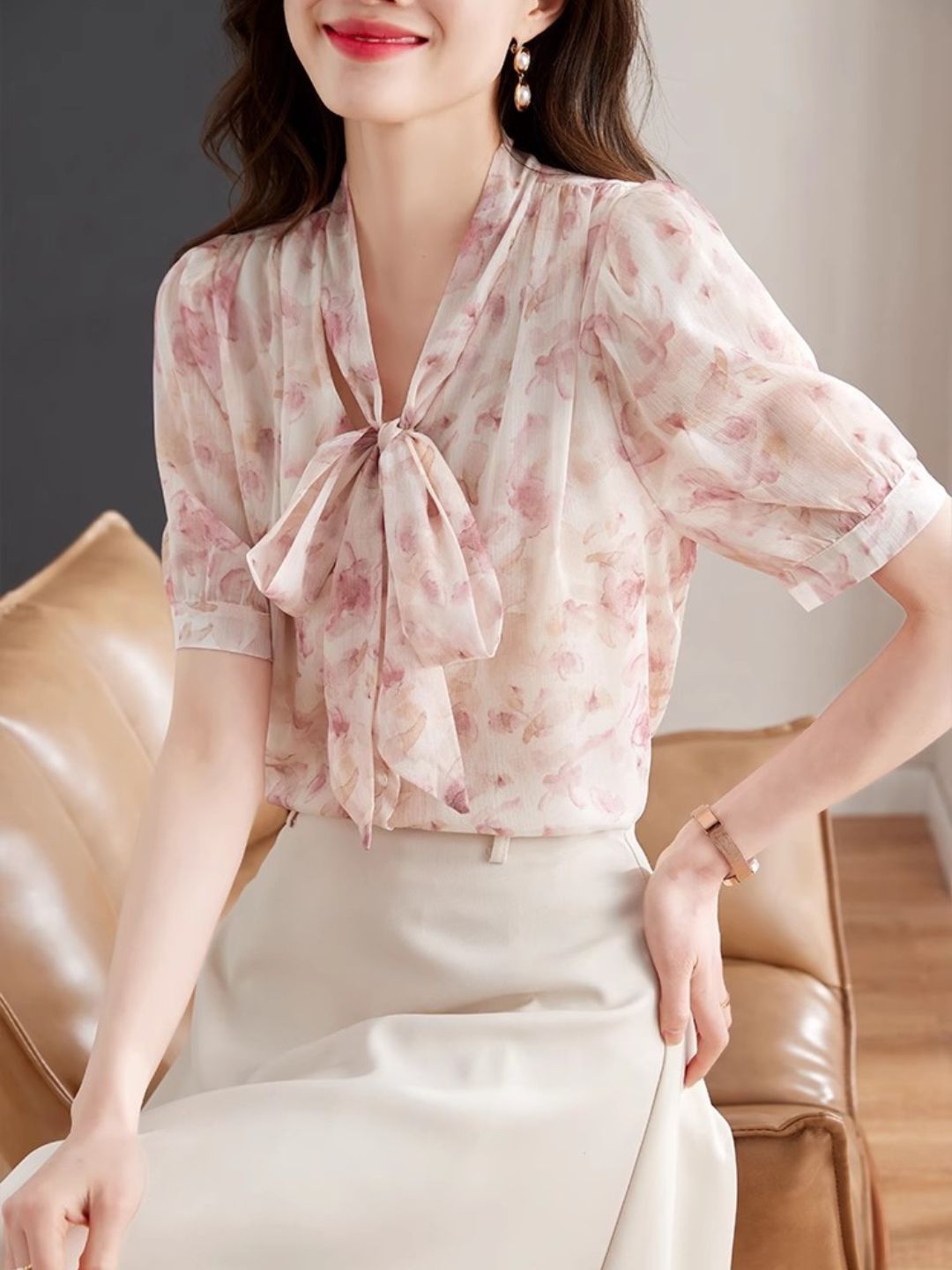 Bow Tie Floral Chiffon Shirt