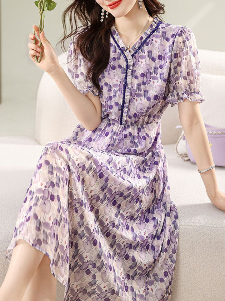 Retro V-Neck Printed Waist Dress