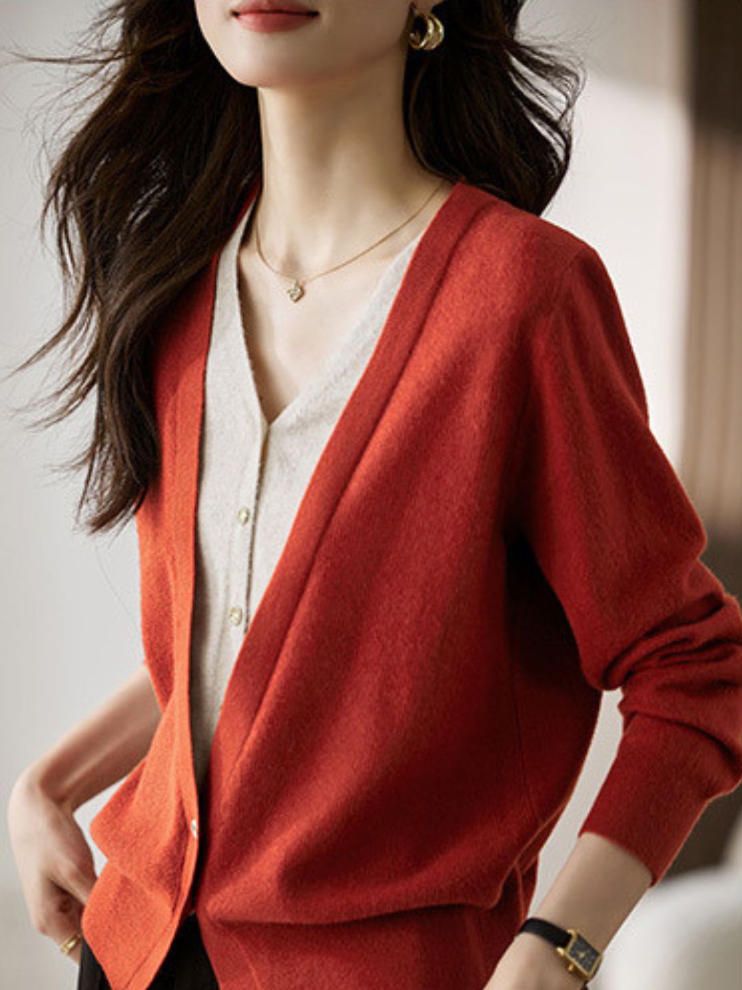 Colorblock Knitted Cardigan - Red