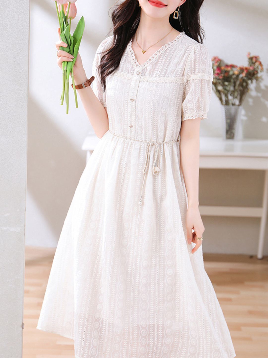 V-Neck Beige Lace Dress