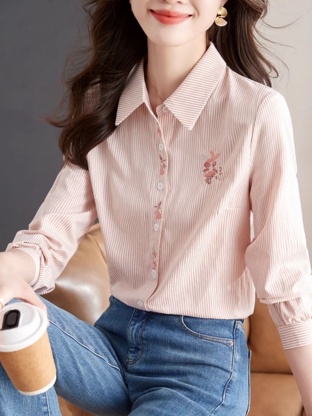 Lapel Stripe Embroidered Shirt