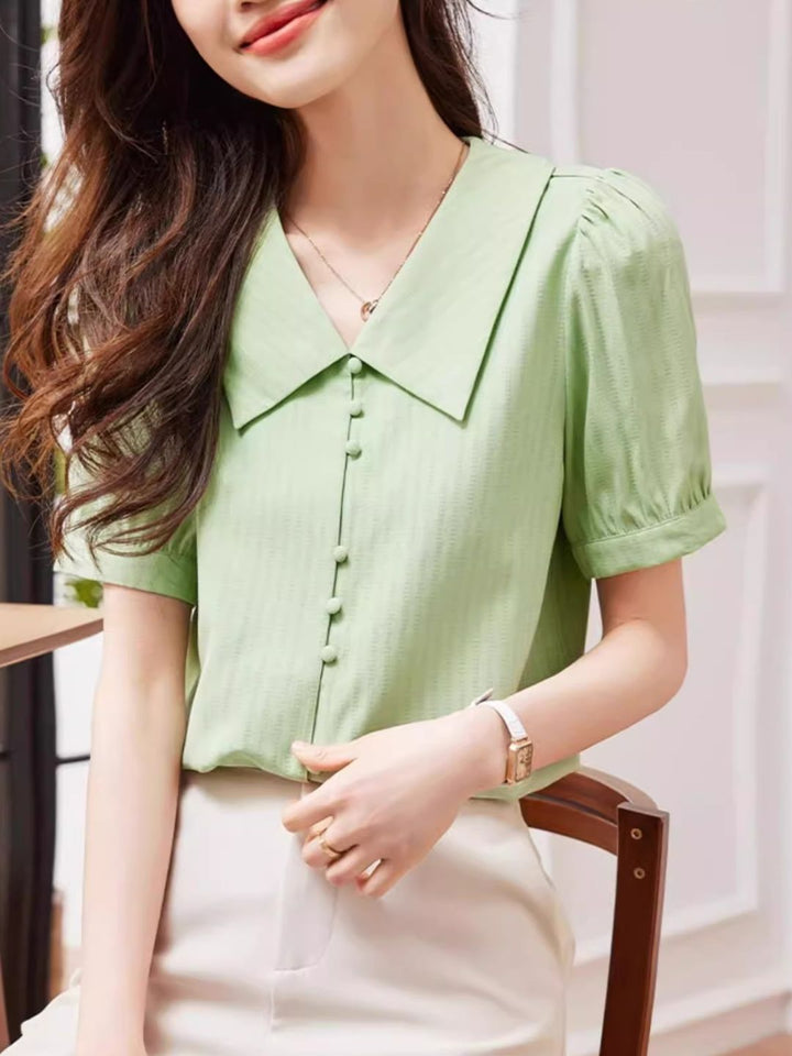 Green V-neck Puff Sleeve Top