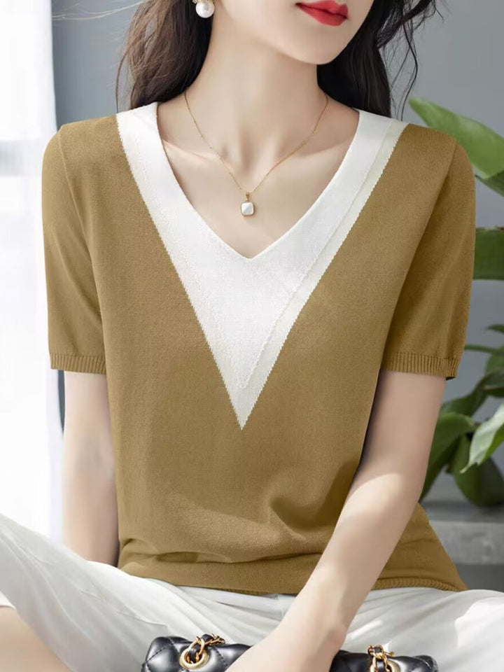 Retro V-Neck Colorblock Loose Top