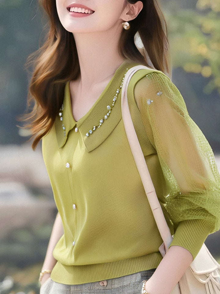 V-Neck Lace Sleeve Knitted Top