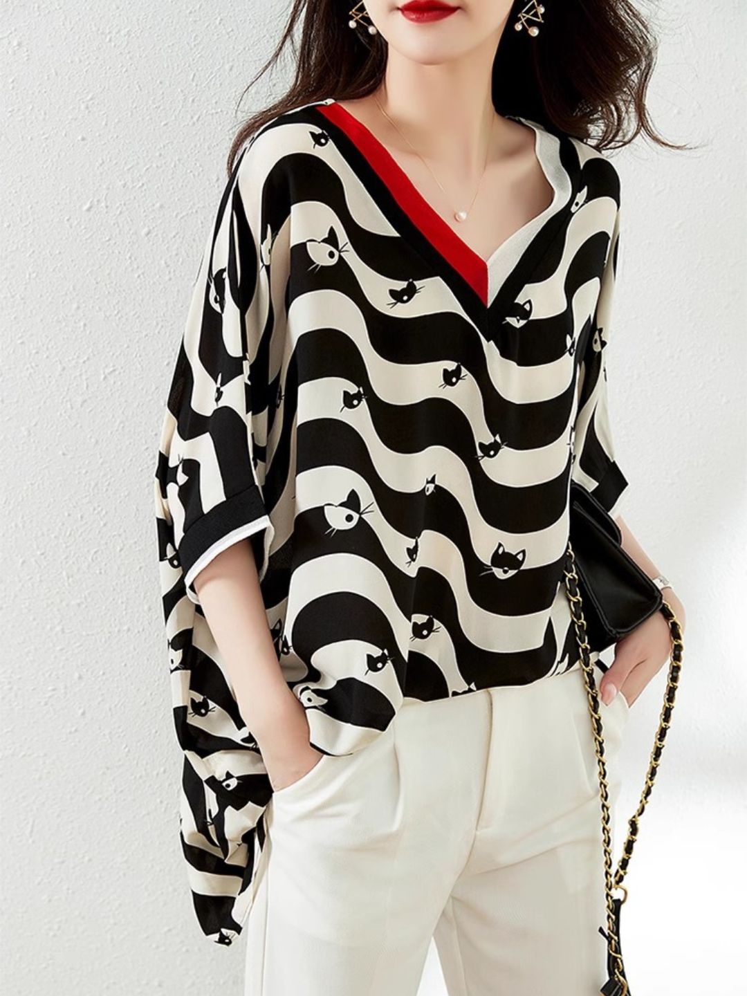 V-neck Striped Mid-sleeve Chiffon Shirt