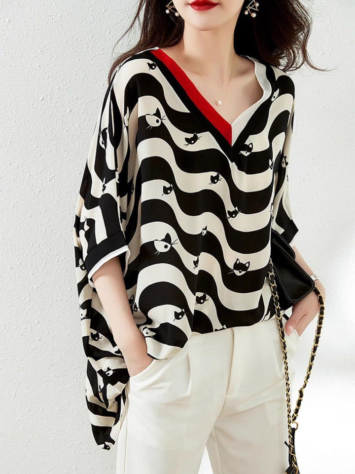 V-neck Striped Mid-sleeve Chiffon Shirt