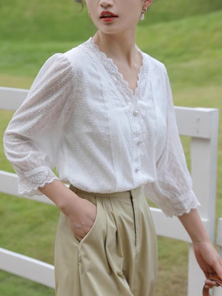 V-neck Chic Lace Chiffon Shirt