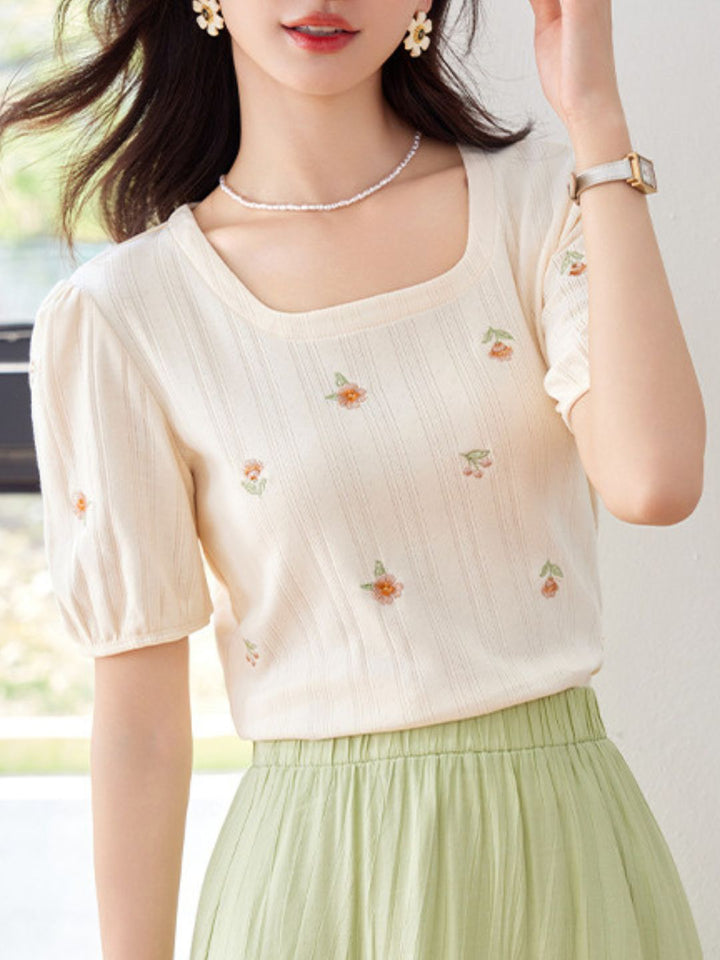 Square Neck Floral Puff Sleeve Top