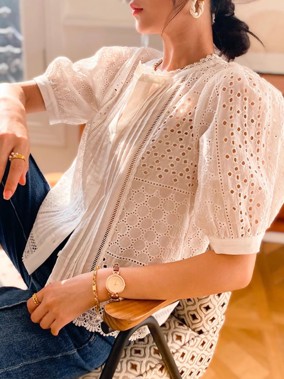 Lace Mid-Sleeve Elegant Hollow Shirt