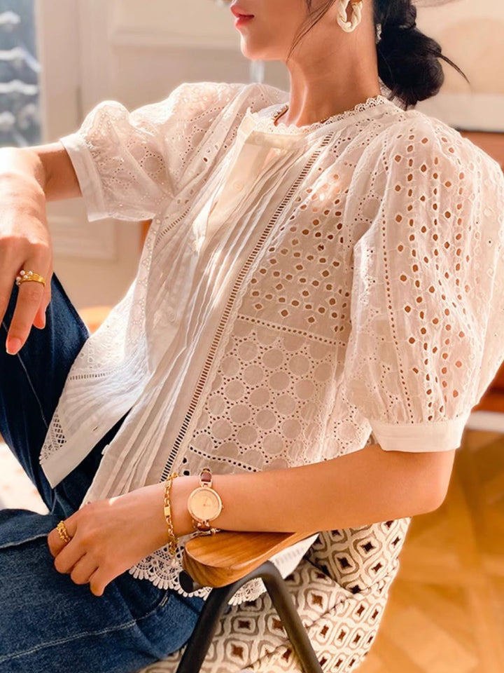 Lace Mid-Sleeve Elegant Hollow Shirt