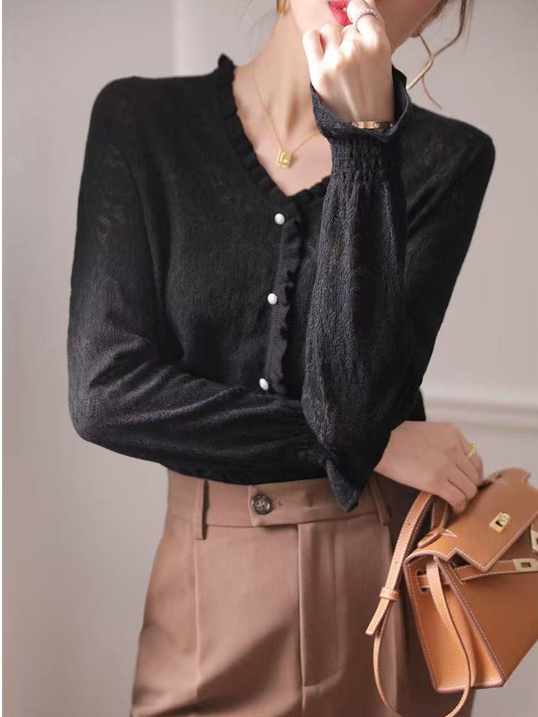 Hollow Fungus Lace V-Neck Top - Black