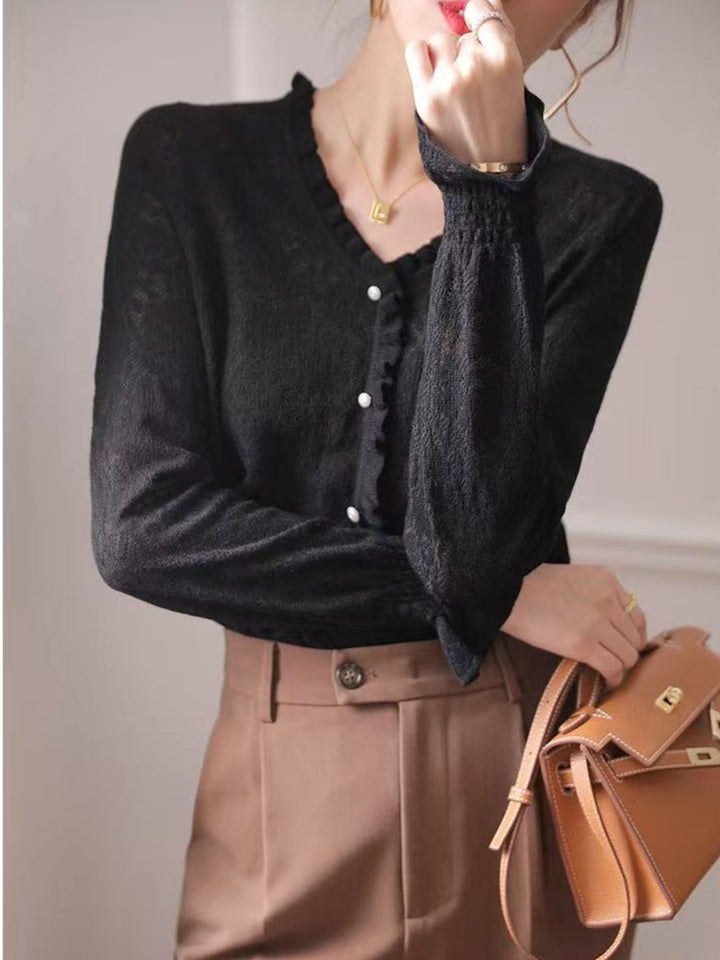 Hollow Fungus Lace V-Neck Top - Black