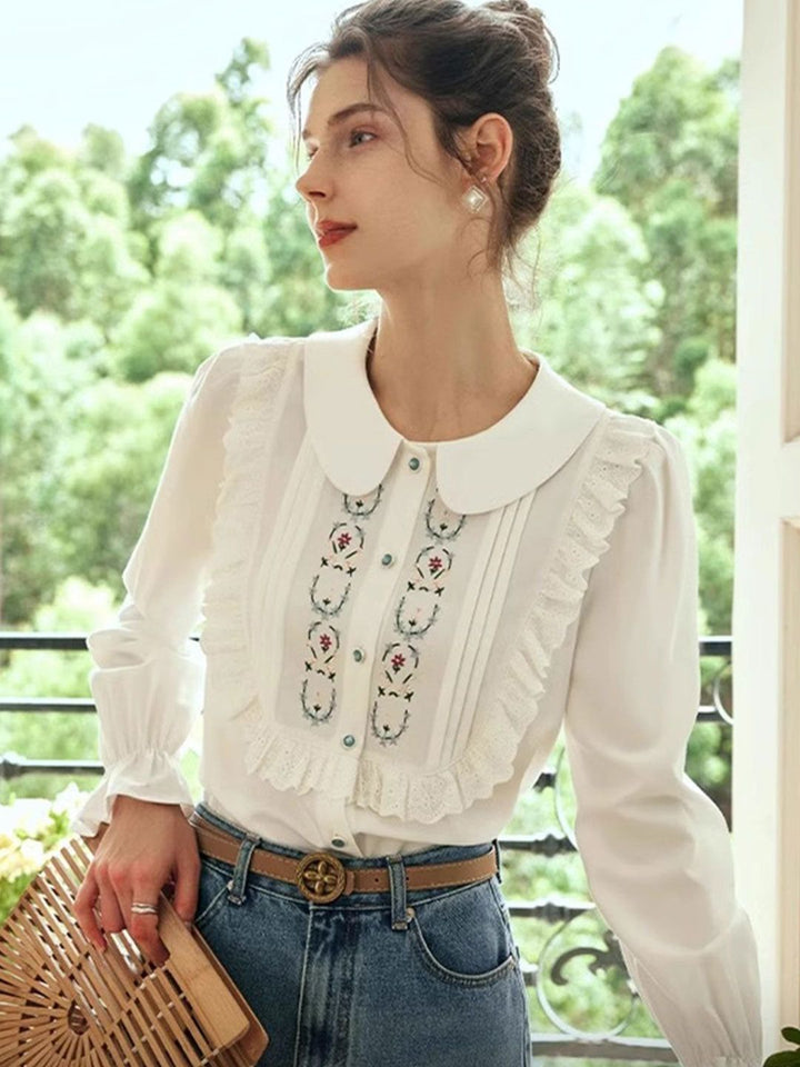 Loose Lapel Puff Sleeve Embroidered Shirt