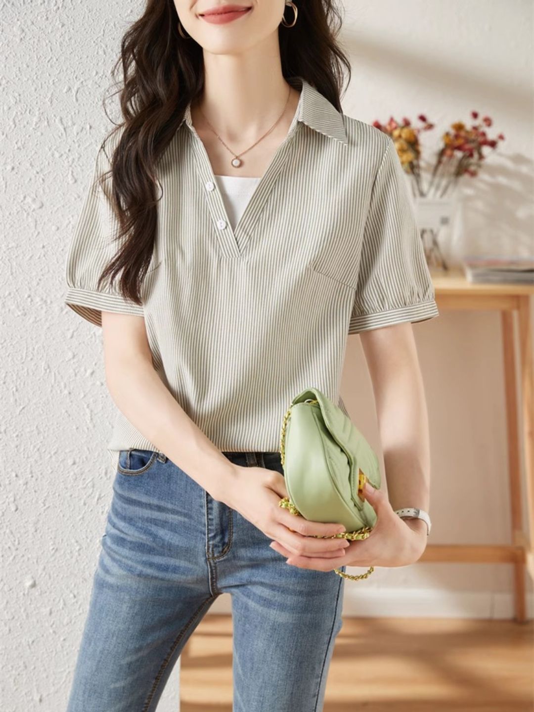 Striped Short-sleeved Lapel Shirt - Green