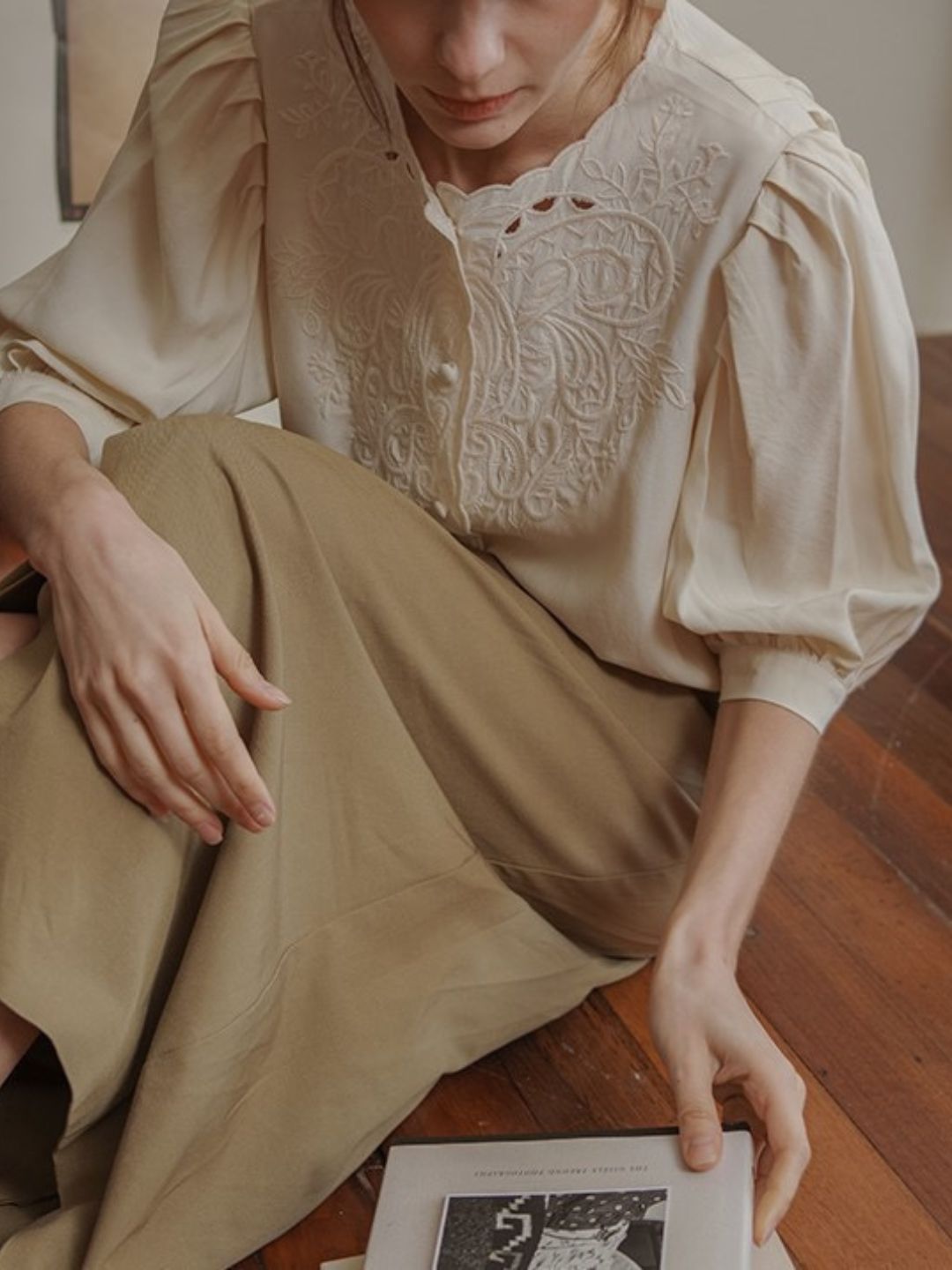 Lantern Sleeve Embroidered Shirt