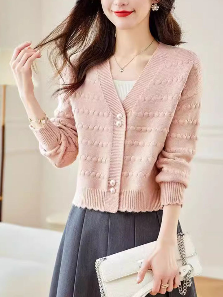 V-Neck Solid Color Auricular Knitted Cardigan - Green