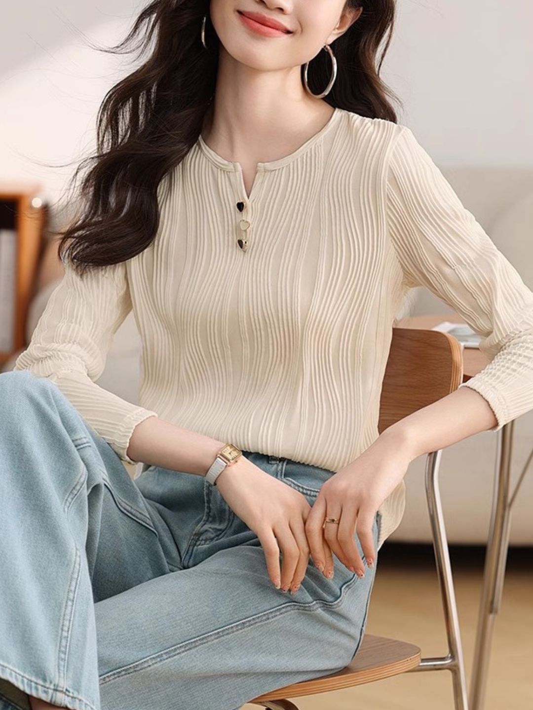 Heart Button Round Neck Long Sleeve Top