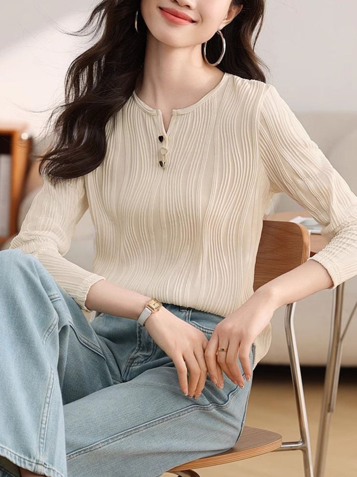 Heart Button Round Neck Long Sleeve Top