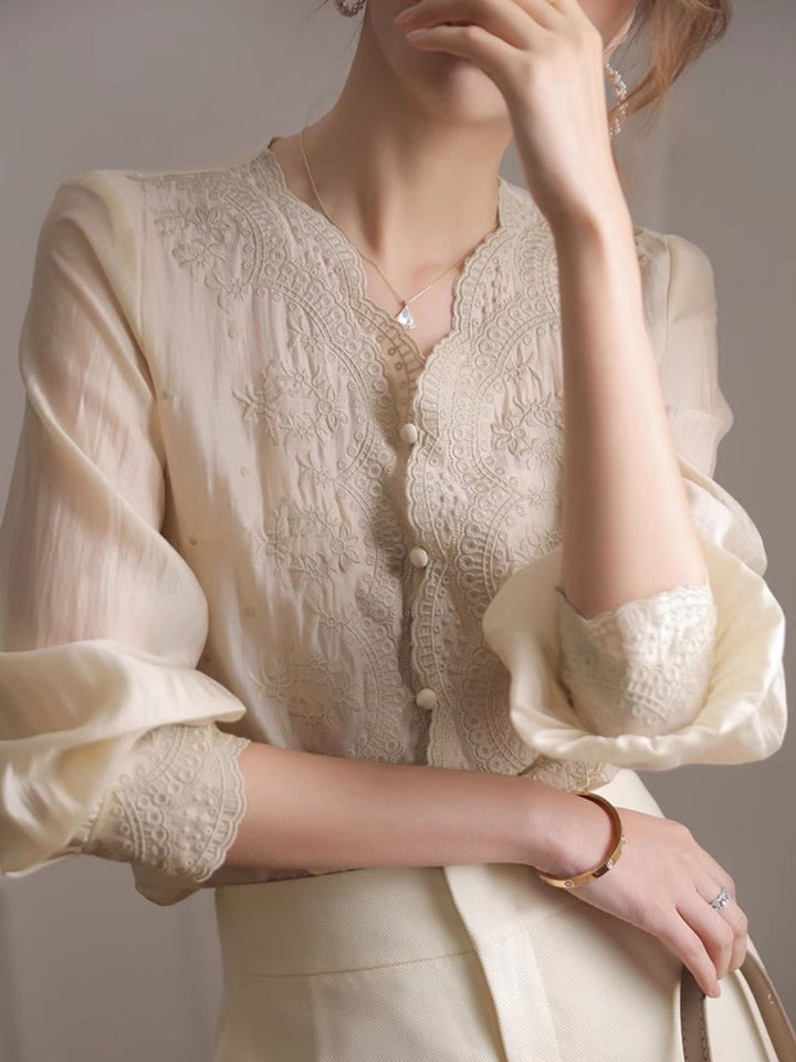 Embroidered lace V-neck Shirt Top