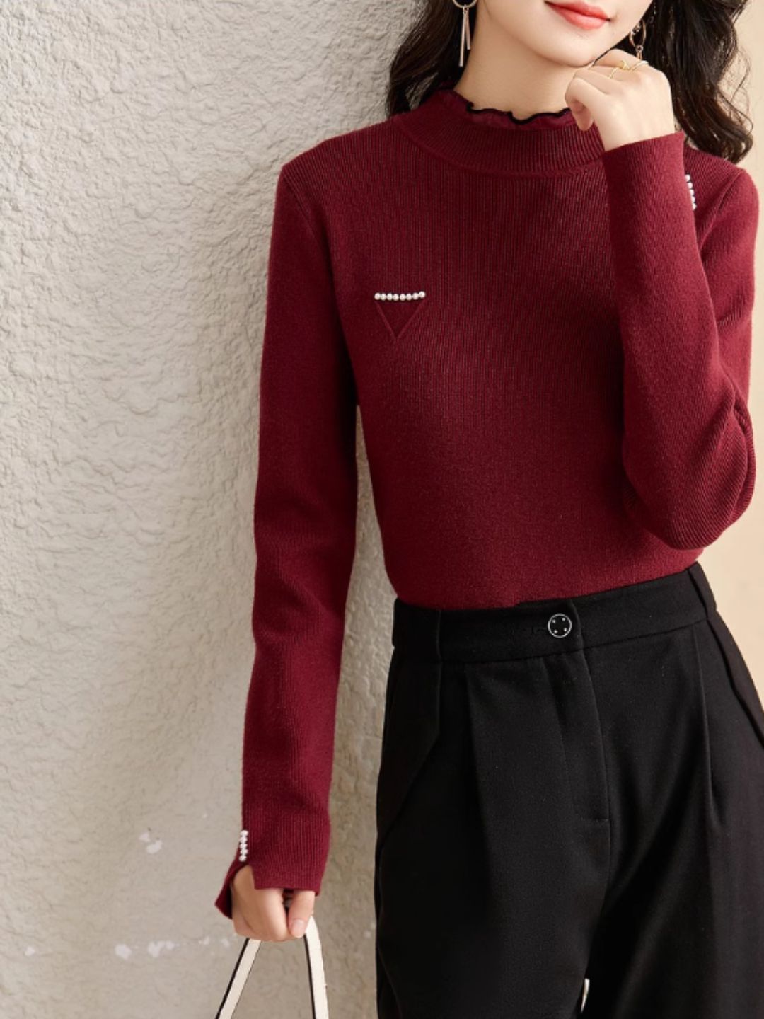 Solid Color Knitted Sweater - Red