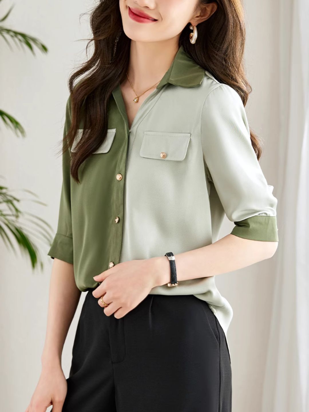 Versatile Contrast Color Shirt-Green