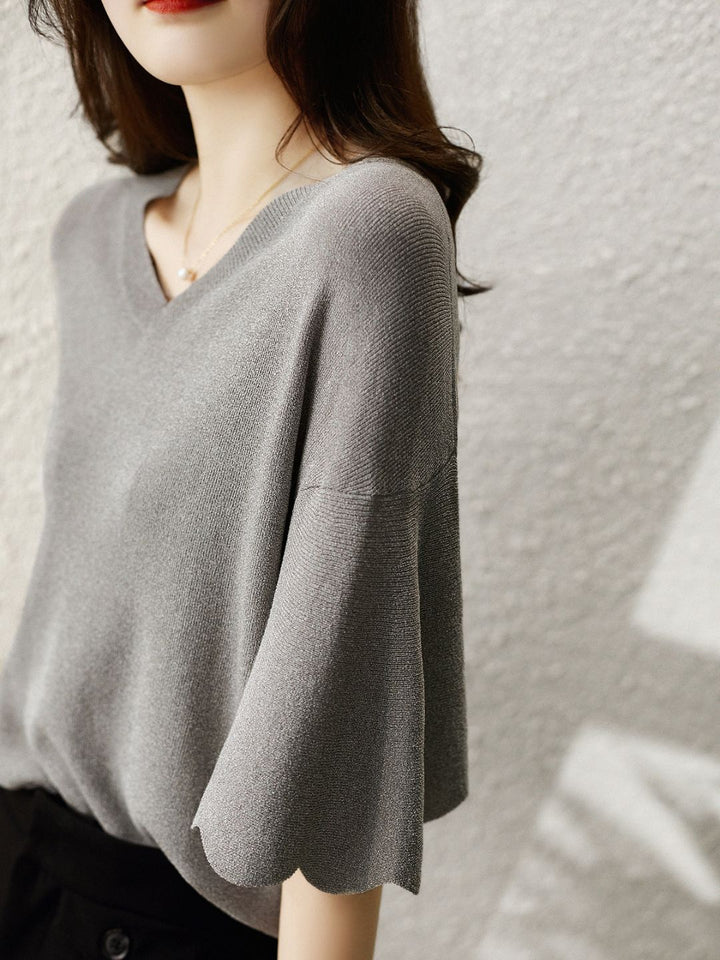 Flared Petal Sleeves V-Neck Top