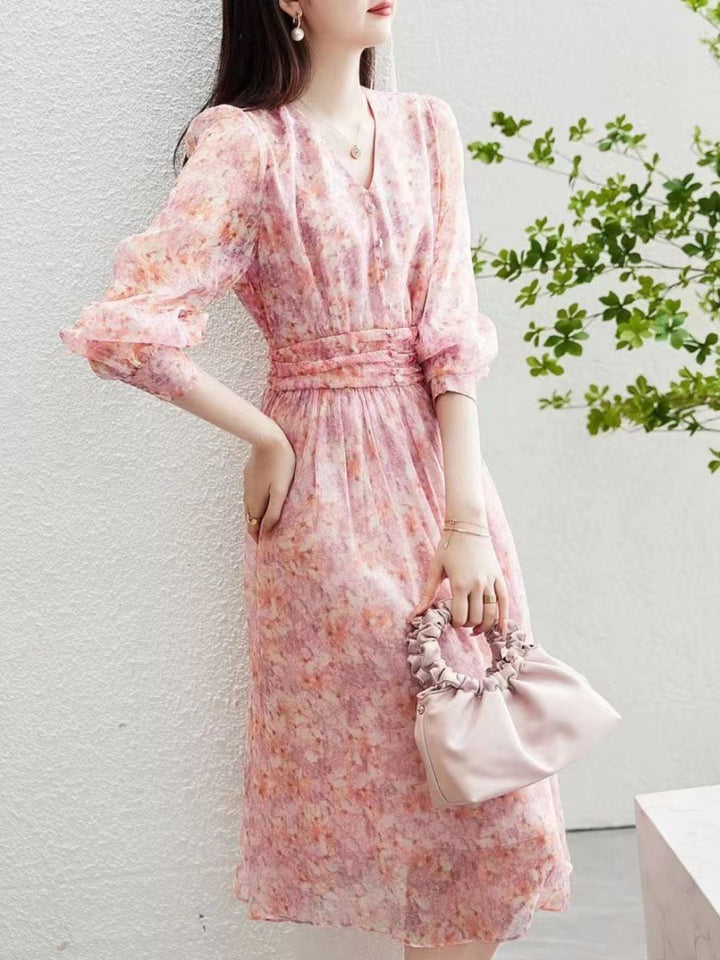 V-Neck Chiffon Floral Dress