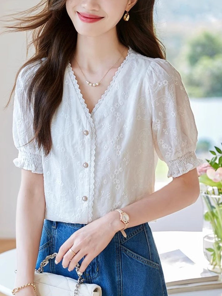 Versatile Lace V-Neck Shirt Top