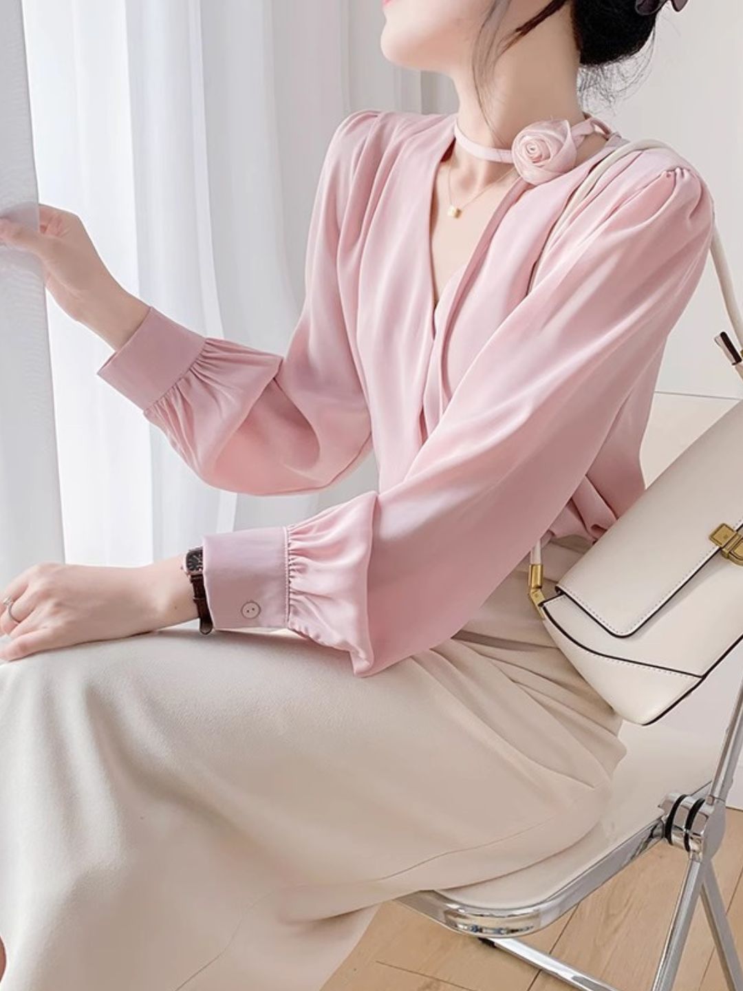Gentle Style Rose Halter Neck Chiffon Shirt