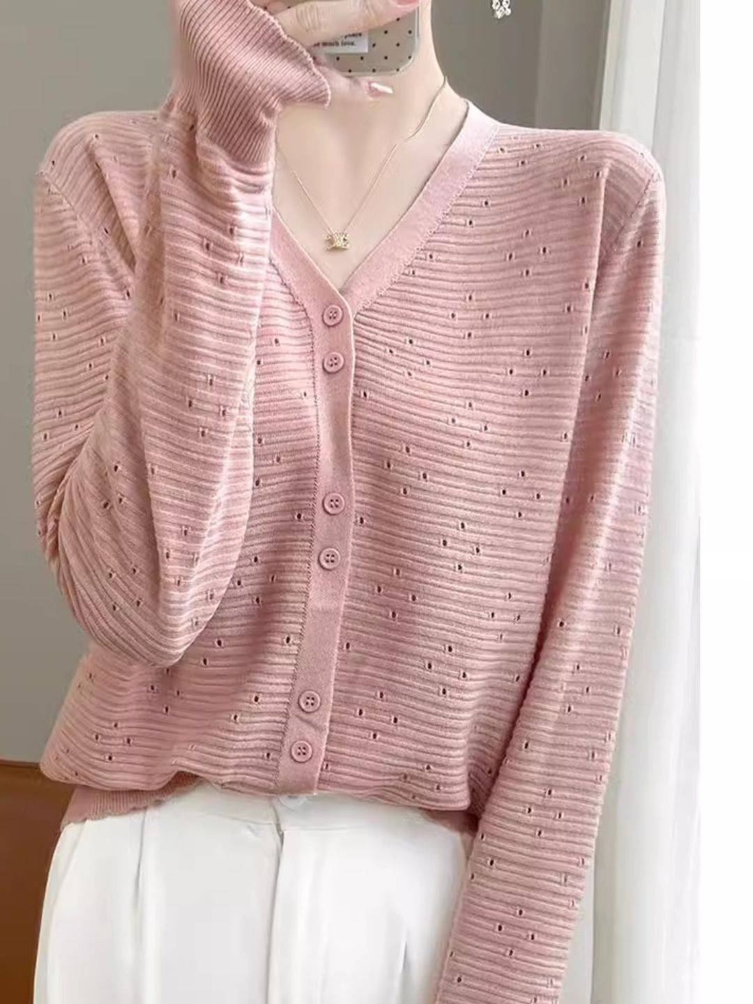 Long Sleeve V-Neck Top Hollow Knit Cardigan