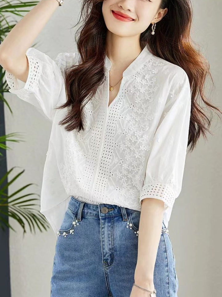 Versatile V-neck Embroidered Hollow Shirt