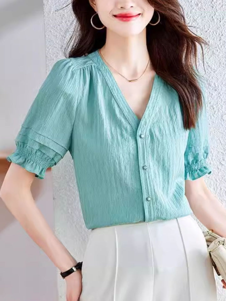 French V-neck Puff Sleeve Shirt - Purple