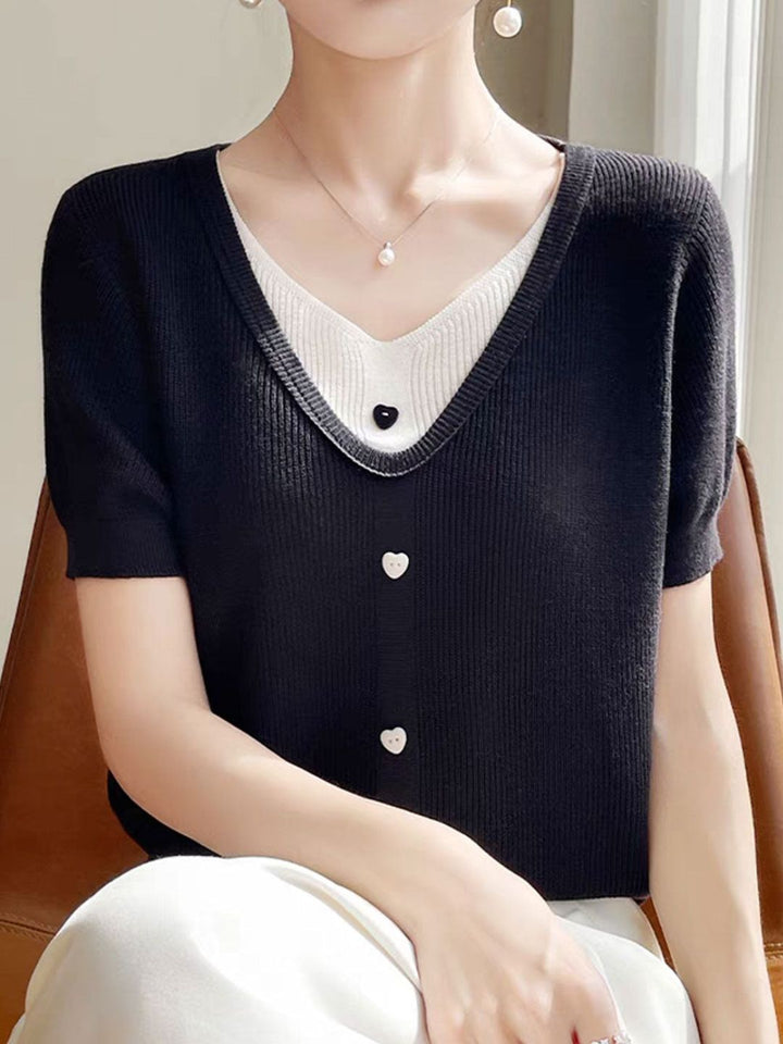 Casual V-neck Patchwork Knitted Top