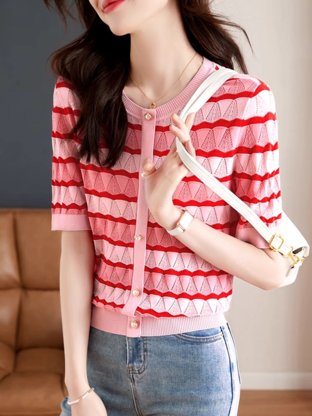 Hollow Striped Short-sleeved T-shirt