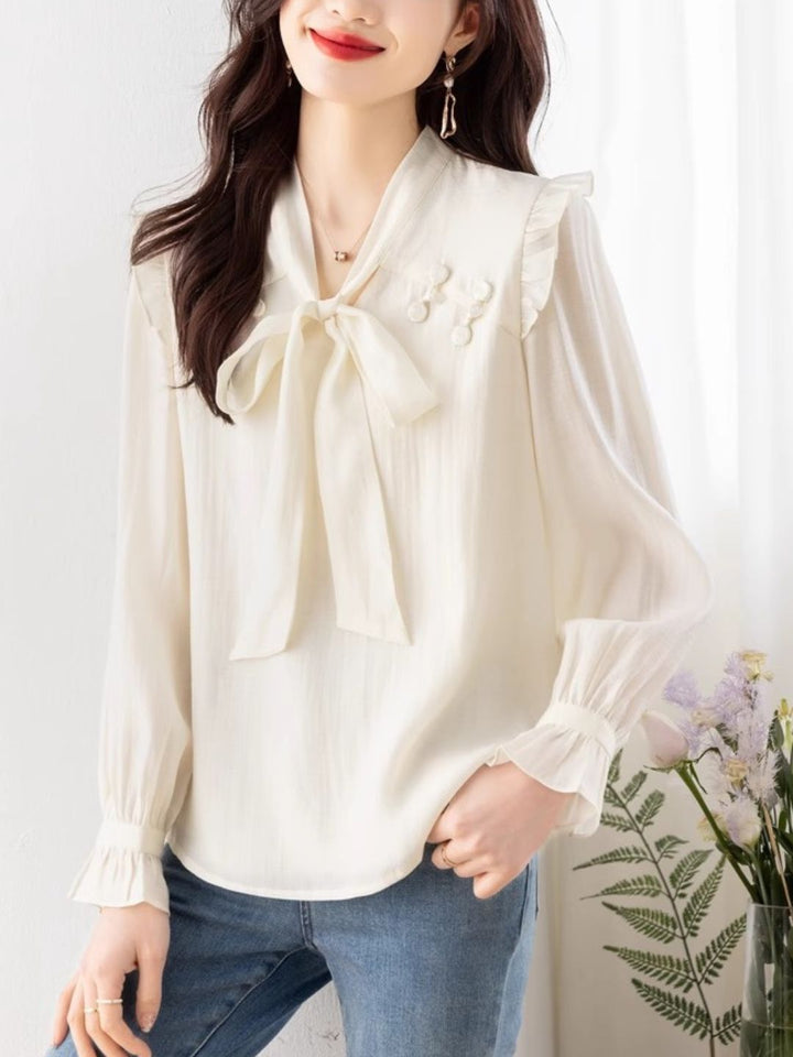 Chic Bow Chiffon Shirt - Green